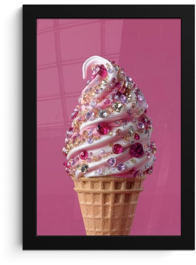 Poster in lijst - Fotolijst 20x30 cm - Posters - Softijs - Edelstenen - Roze - Hoorntje - Posterlijst zwart - Decoratie - Wanddecoratie woonkamer - Muurdecoratie slaapkamer