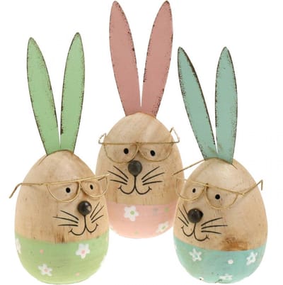 Paashaas met bril decoratief figuur houten ei Ø5cm H13.5cm 3st, 3 Stüc