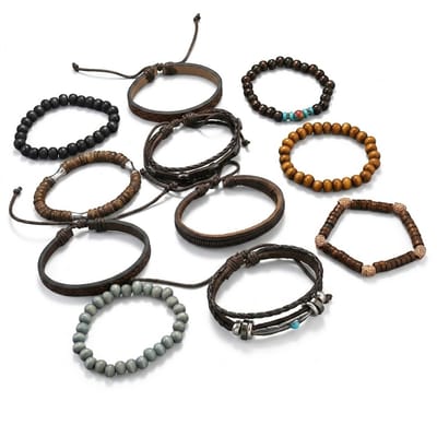 11-delige heren armbanden set – leer en kralen in bruin, zwart, grijs en blauw – mix van wikkelarmbanden en kralenarmbanden