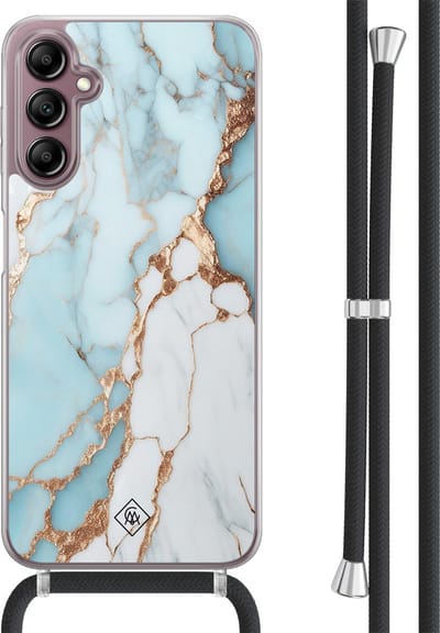 Casimoda® hoesje met koord - Geschikt voor Samsung A14 - Marmer Lichtblauw - Afneembaar koord - TPU/acryl - Blauw