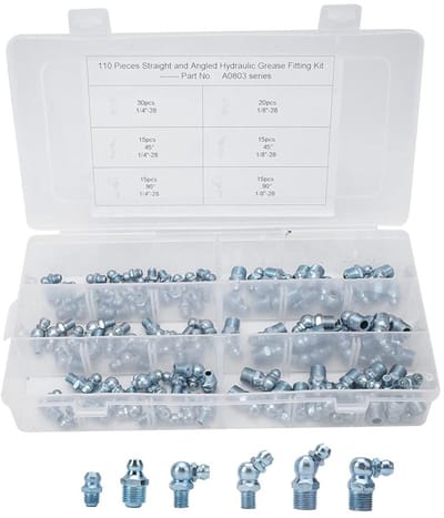 Dailygoods- Smeernippel Set 110 Stuks - 45°/90°/180° - Zink-IJzer - Universeel voor Automotoren - Hoogte 23 mm - Buitendiameter 9 mm/5 mm - Smeringsfitting