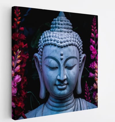Saammp Canvas Schilderij - Boeddha bij gekleurde planten - 20x20 - Foto op canvas - Wanddecoratie - Muurdecoratie Woonkamer - Canvas schilderijen