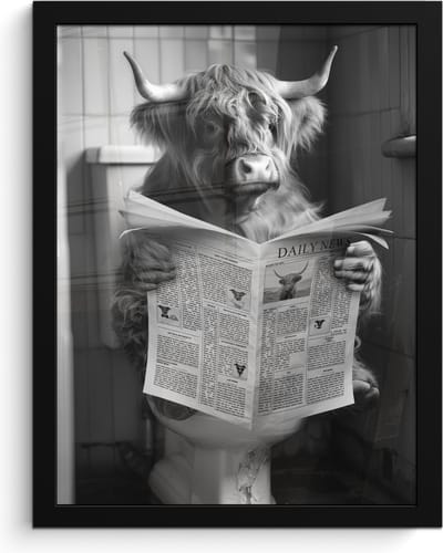 Poster in lijst - Fotolijst 30x40 cm - Posters - Schotse hooglander - Koe - Krant - WC - Zwart wit - Posterlijst zwart - Wanddecoratie badkamer - Muurdecoratie WC - Decoratieve accessoires - Toilet muur decoratie