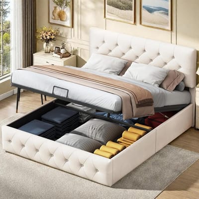 Gestoffeerd bed - Tweepersoonsbed met lade - Opbergen en slapen - Verstelbaar hoofdeinde - 140 x 200 cm - Beige