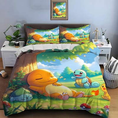 10 Maten Pokémon Charizard Print Beddengoed Set 3 Stuks Set Bed King Size Kussensloop Volwassen Bedovertrek Slaapkamer Bedset voor Cadeaus EU King 240X220cm