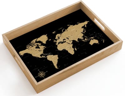 Dienblad hout 40x30 cm - Schootdienblad - Wereldkaart - Beige - Zwart - Borrelplank rechthoek - Plateau dienbladen