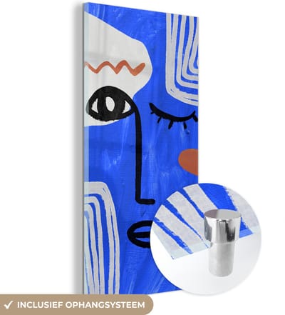 MuchoWow® Glasschilderij 20x40 cm - Schilderij acrylglas - Gezicht - Blauw - Abstract - Foto op glas - Schilderijen