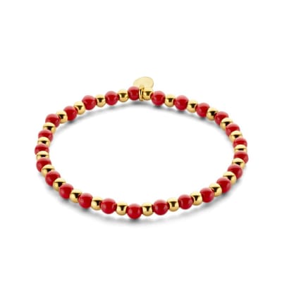 CO88 Collection 8CB-90836 Stalen Armband - Dames - kralen - 4 en 4,5 mm Doorsnee - Staal en Rode Jade - 17,8 cm Lengte - Rekarmband - Goudkleurig