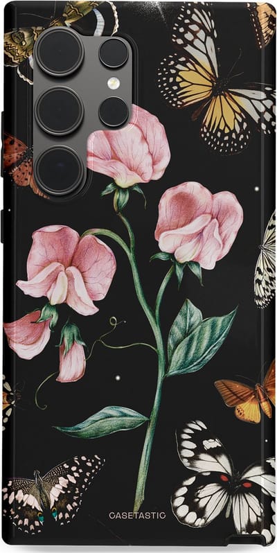 Casetastic hoesje geschikt voor Samsung Galaxy S24 Ultra - Dubbellaagse bescherming - Vleugels en bloemen - Fashion Case - Zwart Grijs Taupe