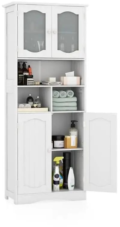 Dailygoods 58,5 inch vrijstaande badkamerkast van linnen met matglazen deuren - wit