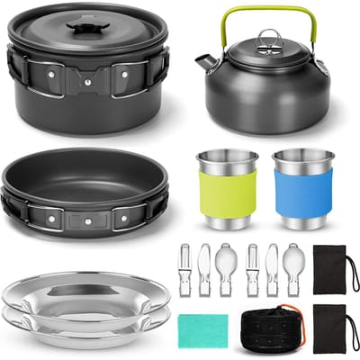 Camping kookset voor buiten, kookgerei voor kamperen, wandelen en picknicken, voor 2 personen. Alles-in-één set. zwart