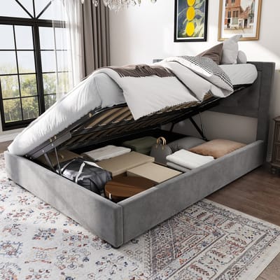 Polsterbed 140*200 cm met opbergbed en uitneembare nachtkastjes aan linker- en rechterzijde, in Chesterfield-stijl, met schuimgevuld hoofdgedeelte, stalen frame en grijze fluweelafwerking
