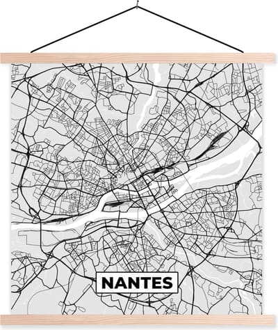 Posterhanger incl. Poster 40x40 cm - Schoolplaat - Kaart - Stadskaart - Nantes - Plattegrond - Frankrijk - Textielposter - Blanke latten - Stadskaart