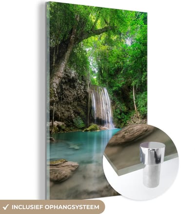 MuchoWow® Glasschilderij 40x60 cm - Schilderij acrylglas - Jungle - Waterval - Planten - Water - Natuur - Foto op glas - Muurdecoratie woonkamer - Wanddecoratie slaapkamer - Schilderijen