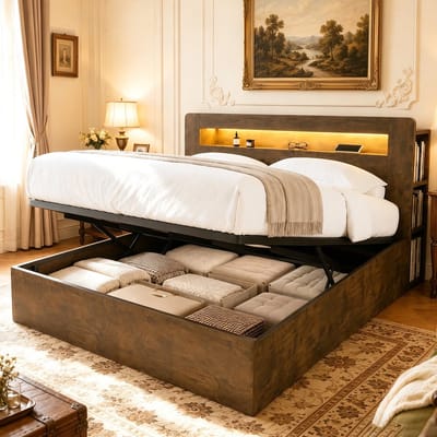 MODFU Bedframe Met Hydraulische Opbergruimte En LED-Hoofdbord - Modern - Voor Slaapkamer - Hout - 180 X 200 Cm