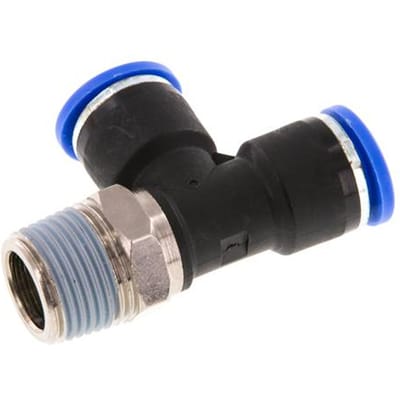 10mm x R3/8'' rechte hoek T-stuk Messing/PA 66 Insteekfitting Buitendraad Draaibaar NBR