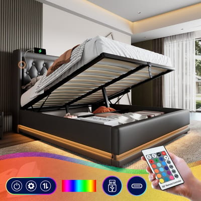 Gestoffeerd tweepersoonsbed 160*200 cm, zwart PU-materiaal, hydraulisch opbergbed, gewatteerd hoofdeinde met USB Type-C oplaadfunctie, 3-zijdige LED-verlichting (matras niet inbegrepen)
