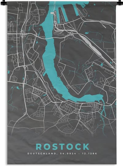 Wandkleed - Wanddoek - Blauw – Duitsland – Plattegrond – Stadskaart – Kaart – Rostock - 120x180 cm - Wandtapijt