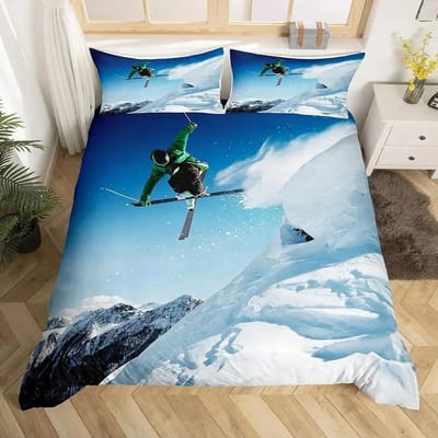 Ski Sport Dekbedovertrek Set Volledige Maat Wintersport Skiën Beddengoed Sets Sneeuwberg Landschap Dekbedovertrek voor Jongens Meisjes AU Double(180*210cm)3pcs
