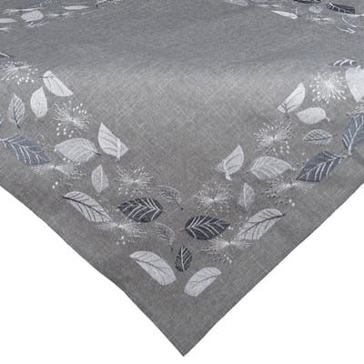 Tafekleed - Linnenlook - Grijs met verschillende in grijs en zilver geborduurde blaadjes - 85 x 85 cm