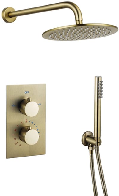 FugaFlow Eccelente Sobrado Badkamer inbouw regendoucheset Thermostatisch Wandarm met 25cm hoofddouche staaf handdouche geborsteld messing PVD