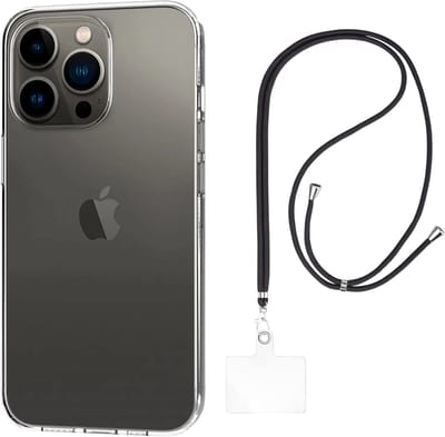 Set met hoesje en nekband voor iphone 14 pro - Flexibele, transparante TPU-bescherming, verstelbare universele nekband voor mobiele telefoons, zwarte nekband, transparante draagriem van Phonillico®