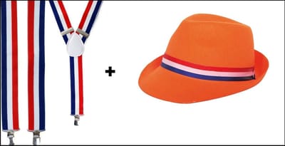 1x Festival hoedje oranje + 1x Bretel rood/wit/blauw - Koningsdag WK Holland festival thema feest Orange