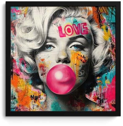 Poster in lijst - Fotolijst 40x40 cm - Posters - Vrouw - Kauwgom - Graffiti - Neonkleuren - Posterlijst zwart - Decoratie - Wanddecoratie woonkamer - Muurdecoratie slaapkamer