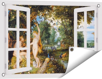 Gards Tuinposter Doorkijk Het Aardse Paradijs met de Zondeval van Adam en Eva - Jan Brueghel - 60x40 cm - Tuindoek - Tuindecoratie - Wanddecoratie buiten - Tuinschilderij