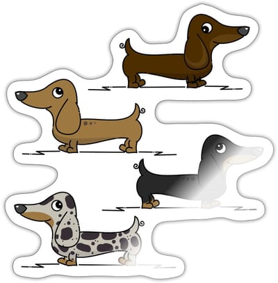 Vier Vrolijke Teckels Cartoon Ontwerp Sticker Maat S (max. 10 x 10cm)