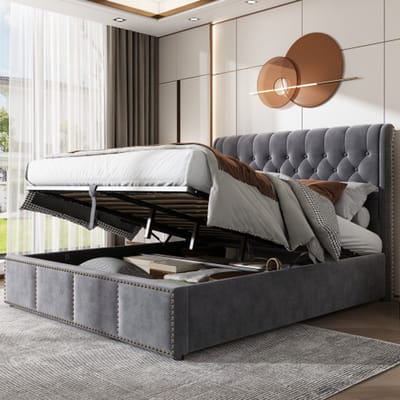 SINGULARITY-Gestoffeerd bed- met hydraulische hendel- functioneel bed met opbergruimte- klinknageldecoratie- 140 x 190 cm- zonder matras- fluweel- grijs