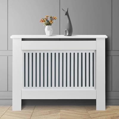 Witte Radiatorafdekking van Hout voor Woonkamer en Hal - Verticaal Gelamineerd 109 cm