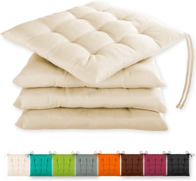 Famanu - Set van 4 zitkussens 40x40x3cm met bevestigingsriemen voor binnen- en buitengebruik met Oeko- afdichting – (Crème)