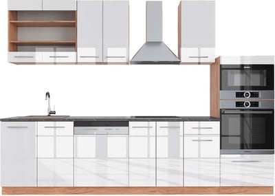 Vicco Fame-Line Complete keukeneenheid – 300 cm met hoge kast, WB Antraciet Wit hoogglans/goud power eiken