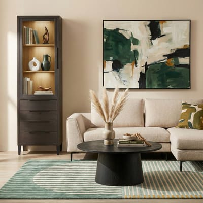 Vitrinekast Zwanenburg - Lamulux - Zwart/Teak - 67x212x48 cm (BxHxD) - 1 Draaideur - 4 Laden - Inclusief kastverlichting