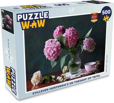 Puzzel Stilleven hortensia's en theekop op tafel - Legpuzzel - Puzzel 500 stukjes