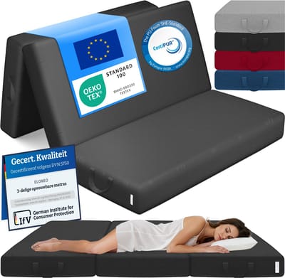 ELONEO Opvouwbaar Matras - 3-Delig Vouwmatras, Extra Dik 15 cm Schuim, Wasbaar en Draagbaar Logeermatras voor Volwassenen, Tweepersoonsbed (Zwart, 120 x 195 x 15 cm)