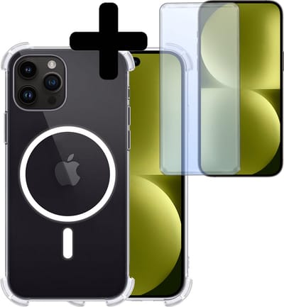 Hoesje - Met Screenprotector - Geschikt voor Apple iPhone 15 Pro - Magsafe Compatible - Sterk & Shockproof - Back Cover - Shock Proof Case - Telefoon Hoes - Telefoonhoesjes - Transparant