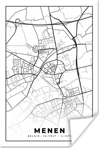 Poster België – Menen – Stadskaart – Kaart – Zwart Wit – Plattegrond - 120x180 cm XXL
