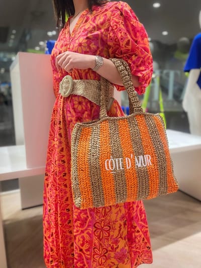 strandtas- shopper-oranje/taupe- gemaakt papyrusplant