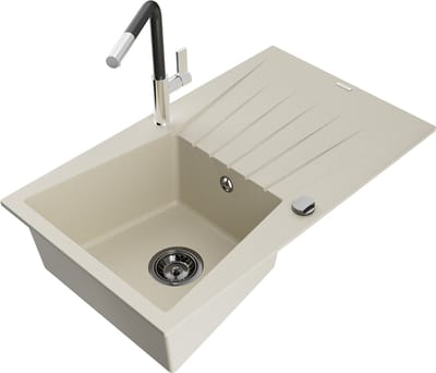Mexen Cesar granieten spoelbak met 1 bak en afdruiprek en Flora keukenkraan, beige - 6514-69-670401-07-B