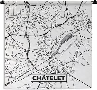Wandkleed - Wanddoek - België – Châtelet – Stadskaart – Kaart – Zwart Wit – Plattegrond - 180x180 cm - Wandtapijt