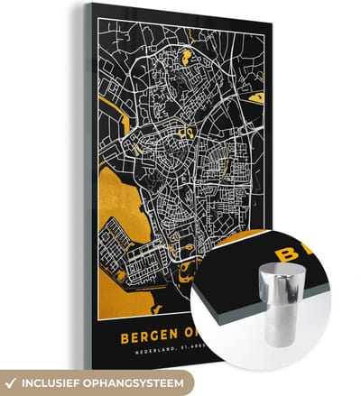 MuchoWow® Glasschilderij 40x60 cm - Schilderij acrylglas - Stadskaart - Bergen op Zoom - Goud - Zwart - Foto op glas - Schilderijen - Plattegrond