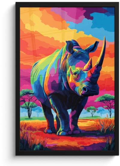 Poster in lijst - Fotolijst 40x60 cm - Posters - Neushoorn - Zonsondergang - Savanna - Kleurrijk - Posterlijst zwart - Decoratie - Wanddecoratie woonkamer - Muurdecoratie slaapkamer