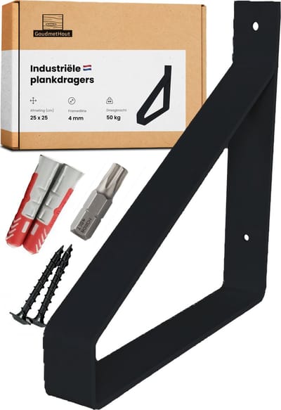 GoudmetHout® Industriële Plankdragers - 25 cm - Stalen Plankdrager voor Wandschap, Muurrek of Wandconsole - Max 50 kg - 1 stuk - Mat Zwart
