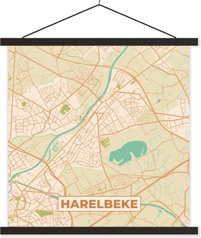 Posterhanger incl. Poster 60x60 cm - Schoolplaat - Harelbeke - Kaart - Vintage - Stadskaart - Plattegrond - Textielposter - Zwarte latten - Stadskaart