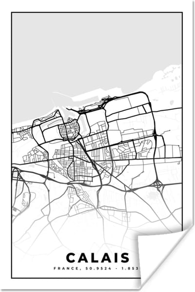 Poster Stadskaart - Frankrijk - Calais - Kaart - Plattegrond - Zwart wit - 120x180 cm XXL
