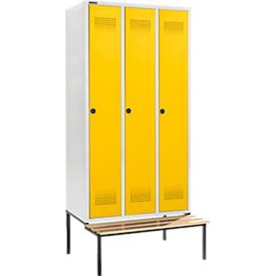 Schäfer Shop Genius Kledinglocker met zitbank, 3 compartimenten, 300 mm compartimentbreedte, veiligheidsdraaigrendelslot, lichtgrijs/koolzaadgeel