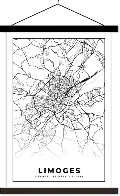 Posterhanger incl. Poster 40x60 cm - Schoolplaat - Kaart - Stadskaart - Limoges - Frankrijk - Plattegrond - Zwart wit - Textielposter - Zwarte latten - Stadskaart