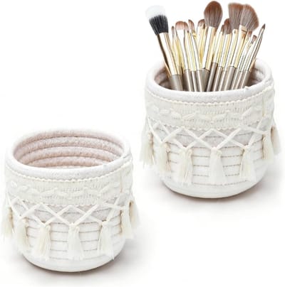 Set van 2 Macrame Make-up Borstelhouders, Boho Opbergmanden, Mini Cosmetica Organizer en Pennenhouder voor Kapsalon, Badkamer en Kantoor, 10 x 10 cm, Katoen Touw, Ivory